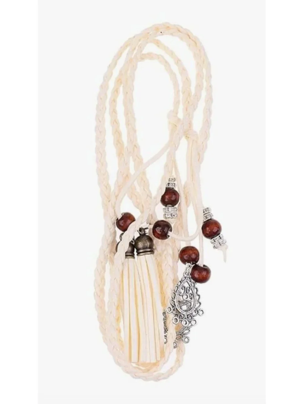 White/Beige Braided Wrap-Around Waist Belt With Tassels & Metal Charms